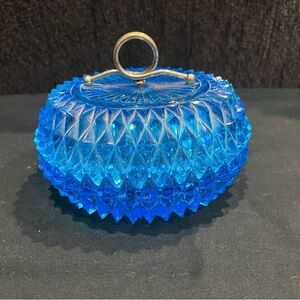 Blue Glass Trinket Box with Handle